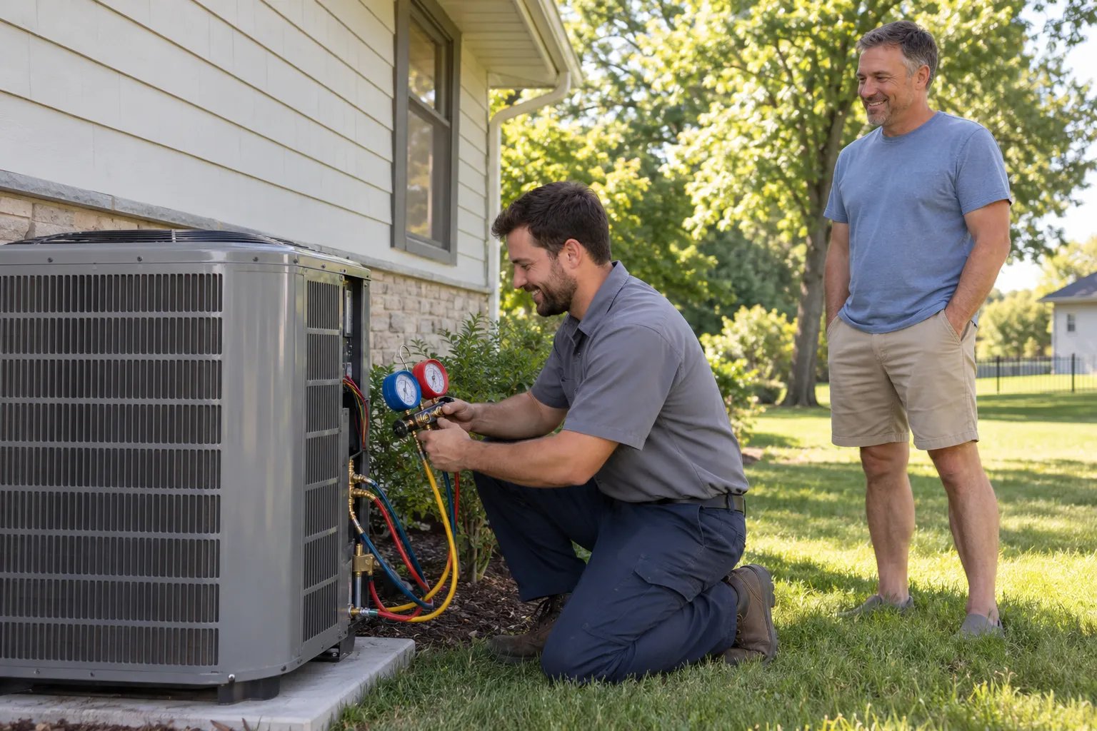 A friendly provider checking an outdoor air conditioner at a home in Raymore while a homeowner looks on