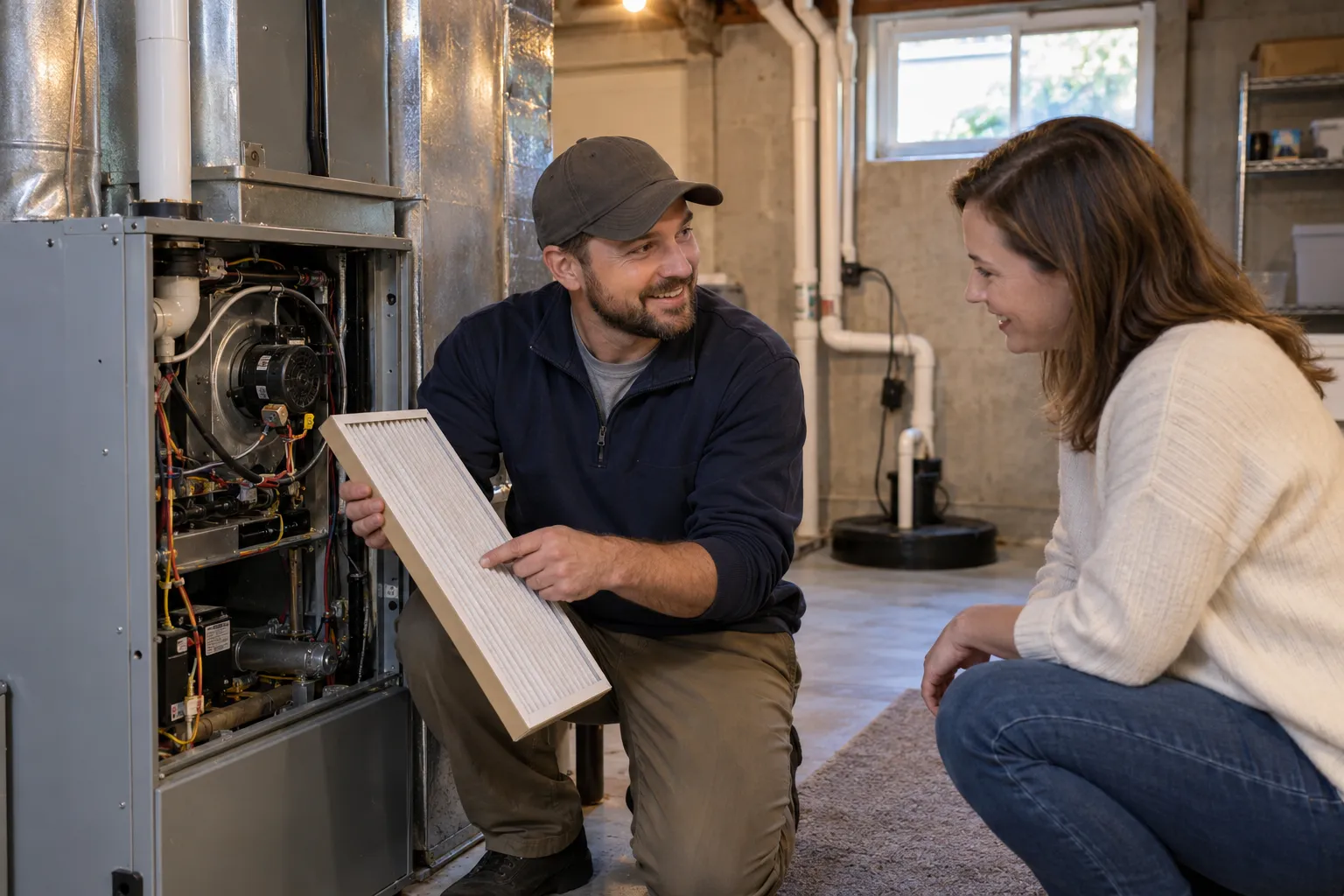 A friendly local HVAC provider inspecting a gas furnace in a home basement near Raymore